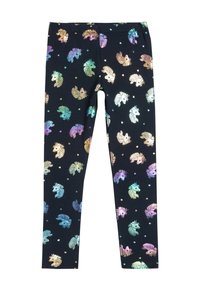 Schwarze Leggings mit einem mehrfarbigen Einhornmuster in verschiedenen Farbtönen, darunter Gold, Türkis und Lila, vor einem dunklen Hintergrund.