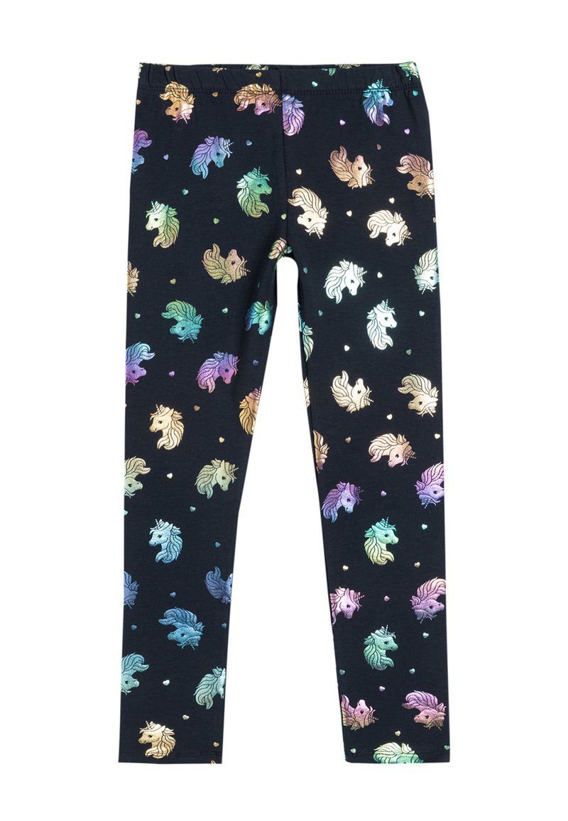 Schwarze Leggings mit einem mehrfarbigen Einhornmuster in verschiedenen Farbtönen, darunter Gold, Türkis und Lila, vor einem dunklen Hintergrund.