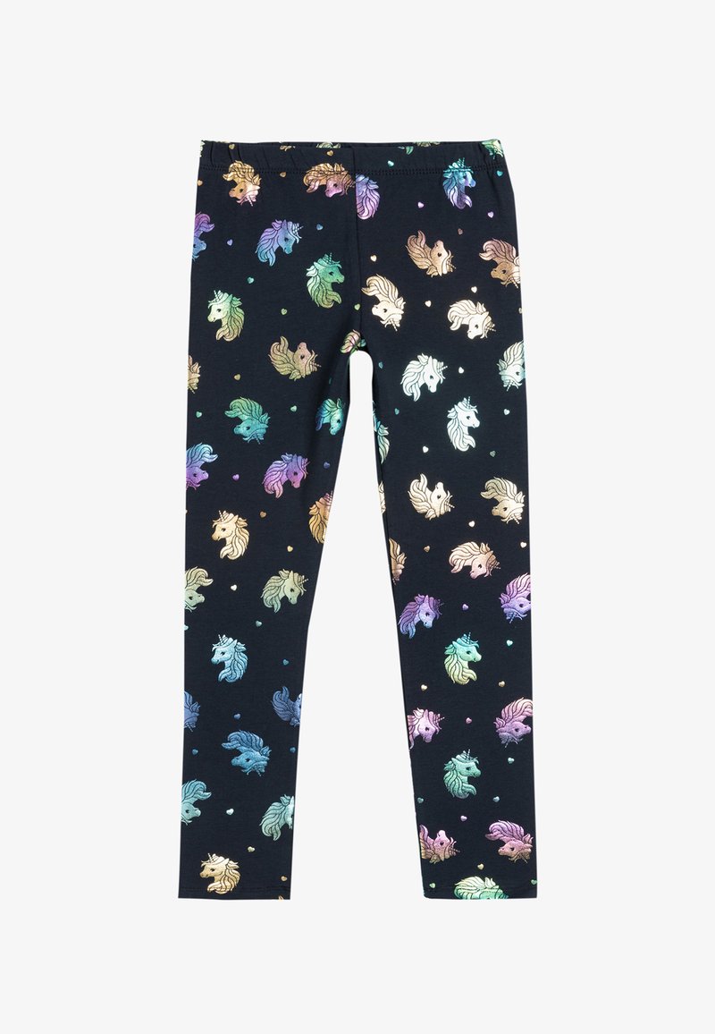 Schwarze Leggings mit einem mehrfarbigen Einhornmuster in verschiedenen Farbtönen, darunter Gold, Türkis und Lila, vor einem dunklen Hintergrund.