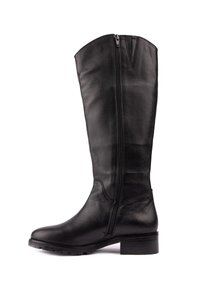Black leather knee-high boot with a side zipper, rounded toe, and a low block heel. Smooth texture with minimal accents.
