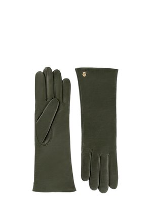 Pair of dark green leather long gloves, one showing palm side and one showing back with small gold emblem near cuff.