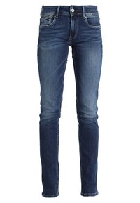 Jeans ajustados de mezclilla azul, con cierre de botón y cremallera, diseño de cinco bolsillos y un ligero desgaste en los muslos para mayor textura.