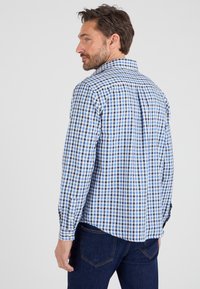 Camicia da uomo in tessuto a quadri blu e bianco; maniche lunghe, polsini con bottone e colletto classico; realizzata in un tessuto leggero.