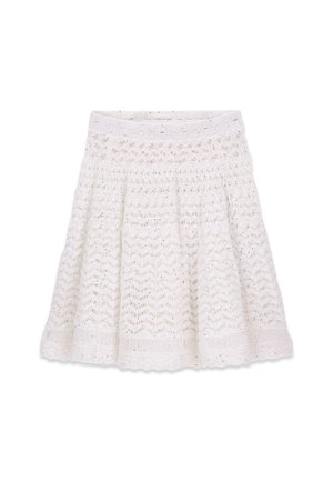 White lace knee-length skirt with a floral and zigzag pattern, elastic waistband, and scalloped hem.