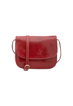 Red leather crossbody bag with a glossy finish, flap closure, adjustable strap, and gold-tone buckle detailing. Compact rectangular shape.