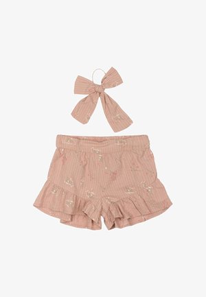 Roza prugasti bombažni kratki hlače z nabranim robom in cvetličnimi detajli, v kombinaciji z ujemajočim se lokom za las.