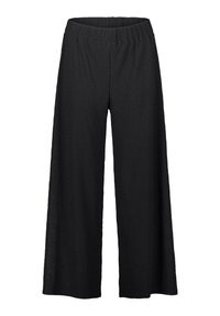 Zwarte wijde broek met een elastische tailleband, gemaakt van een gestructureerde stof, met een losse pasvorm en zonder zichtbare hardware of patronen.