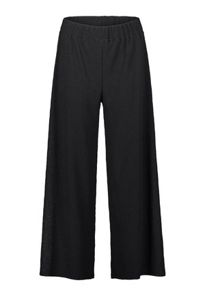 Pantaloni neri a gamba larga con vita elasticizzata, realizzati in tessuto testurizzato, caratterizzati da una vestibilità ampia e senza hardware o motivi visibili.