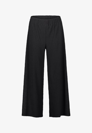 Schwarze weite Hosen mit elastischem Bund, aus strukturiertem Stoff, mit lockerer Passform und ohne sichtbare Hardware oder Muster.
