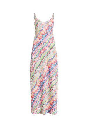 O rochie colorată, fără mâneci, cu un model diagonal de tie-dye în nuanțe de roz, verde, albastru și alb, cu bretele subțiri.