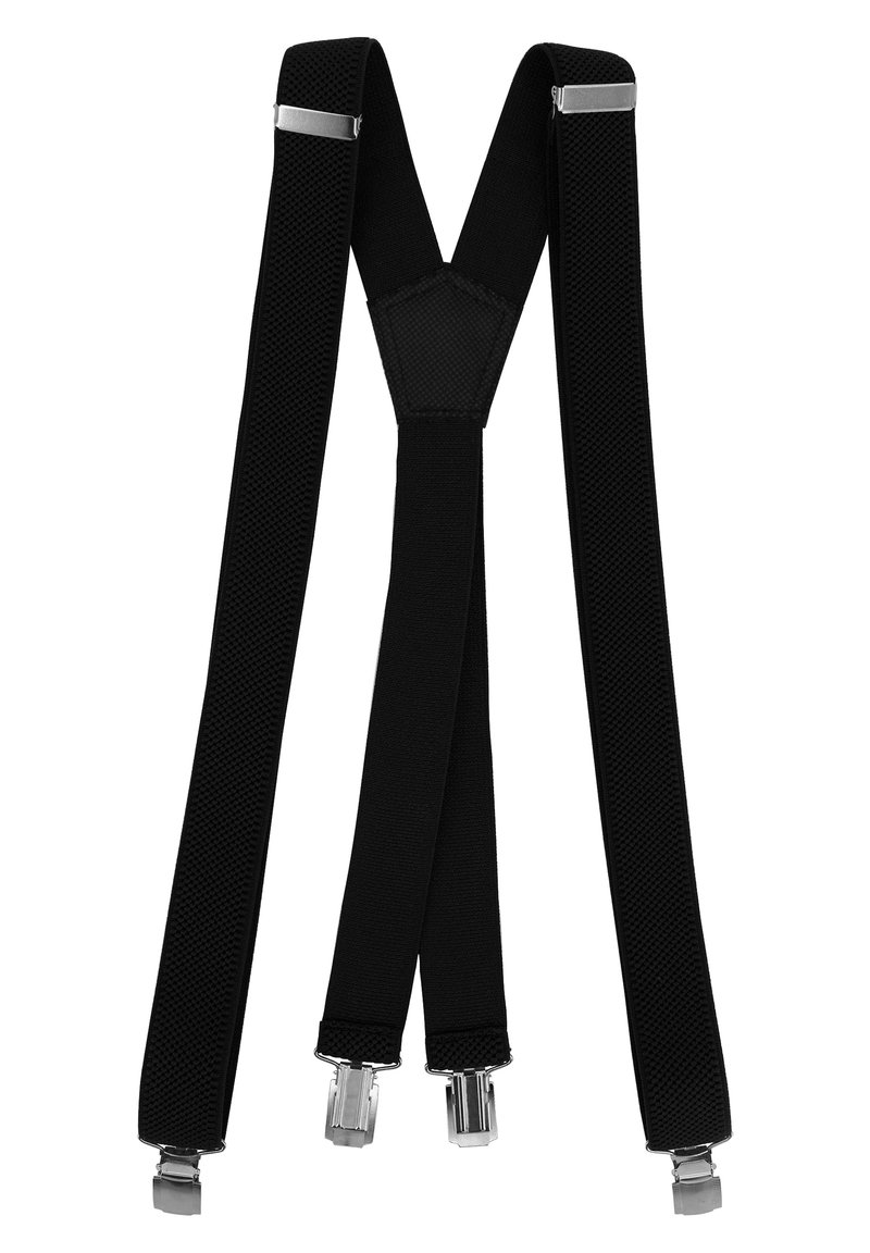 Schwarze elastische Hosenträger mit strukturiertem Oberflächenmaterial, ausgestattet mit Metallclips und einem Y-förmigen Rückendesign zur Anpassung und Unterstützung.