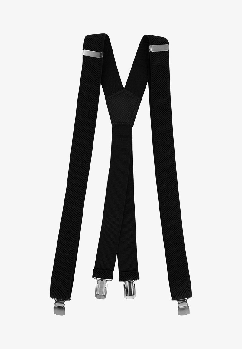 Schwarze elastische Hosenträger mit strukturiertem Oberflächenmaterial, ausgestattet mit Metallclips und einem Y-förmigen Rückendesign zur Anpassung und Unterstützung.