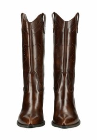 Bottes de cowboy en cuir brun avec une finition lisse, bouts pointus, coutures décoratives et languettes en haut pour un enfilage facile.