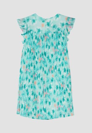 Lichtblauwe geplooide jurk met een groen en roze bloemenpatroon en korte gerufflede mouwen, ritssluiting aan de achterkant.