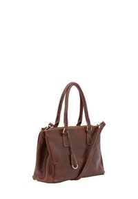 Borsa a mano in pelle marrone con duplice manico, tracolla staccabile, chiusura con zip e dettagli di cucitura a contrasto.