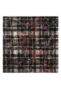 Tissu à carreaux noir et gris avec des dessins de lignes continues superposées de visages et de cœurs en rouge, blanc, beige et violet.