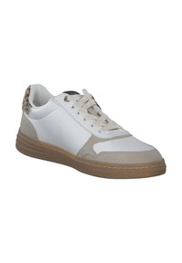 Sneaker bianco in pelle con accenti beige, pannello posteriore a trama e suola in gomma. Caratterizzato da punta rotonda, chiusura con lacci e dettagli di cucitura.