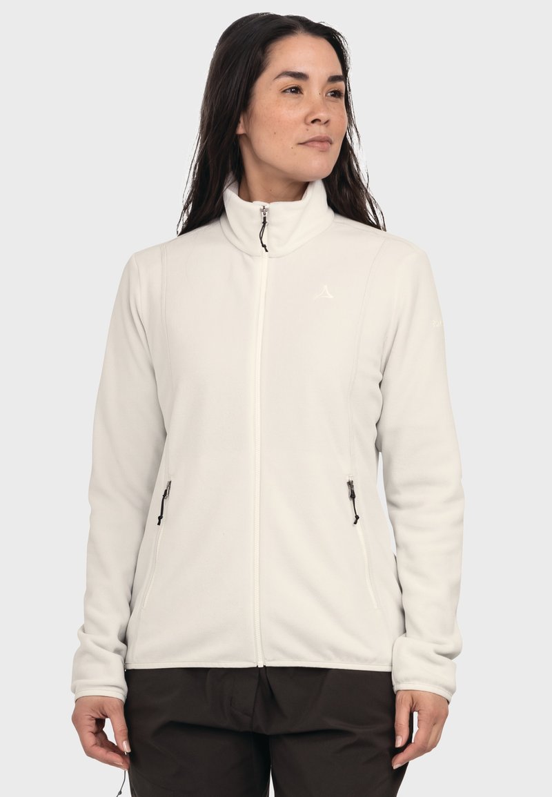 White fleece jacket with a high collar, front zipper, and two side pockets, featuring a subtle logo on the left chest and texture detail.