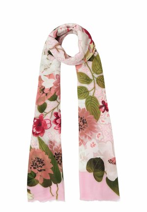 Foulard floreale con fiori rosa e bianchi e foglie verdi, realizzato in tessuto leggero. I bordi sono frangiati. Misura circa 180 cm di lunghezza.
