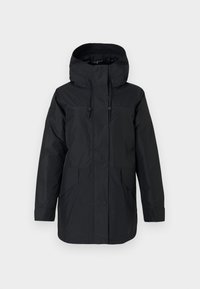 Μαύρο μπουφάν parka με κουκούλα, μπροστινό φερμουάρ, δύο μεγάλες τσέπες και ρυθμιζόμενα κορδόνια στην κουκούλα και τη μέση για ασφαλή εφαρμογή.