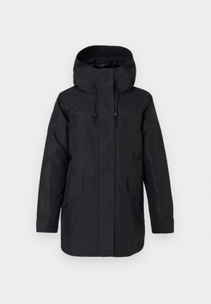 Czarna parka z kapturem, zapinana na zamek, z dwiema dużymi kieszeniami oraz regulowanymi sznurkami przy kapturze i w talii, zapewniającymi pewne dopasowanie.