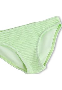 Costume da bagno verde chiaro realizzato in materiale testurizzato, con design sagomato, vita elastica e rivestimento interno liscio.