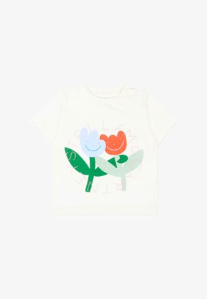 T-shirt blanc pour enfants avec un motif graphique de deux tulipes souriantes, une bleue et une rouge, avec des tiges et des feuilles vertes sur le devant.