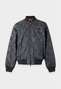 Veste bomber matelassée gris foncé avec poignets et ourlet côtelés, fermeture éclair à l'avant, poches zippées et petit logo sur la poitrine gauche.
