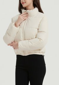 Doudoune beige clair avec un col haut, fermeture éclair avant et ourlet élastiqué. Présente un motif matelassé et une texture douce et lisse.