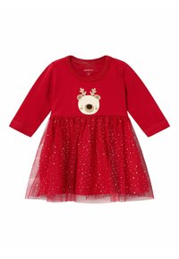 Abito rosso con maniche lunghe, caratterizzato da un design di renna su un top morbido e una gonna in tulle trasparente e luccicante.
