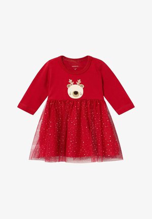 Abito rosso con maniche lunghe, caratterizzato da un design di renna su un top morbido e una gonna in tulle trasparente e luccicante.