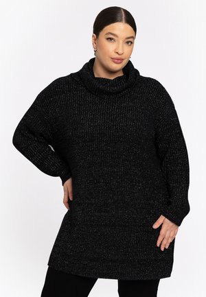 Sort striktrøje med cowl-neck og lange ærmer, der har en tekstureret finish og en løs pasform, der når til midten af låret.