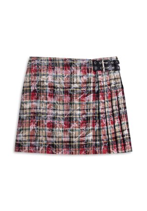 Jupe mini plissée dans un motif écossais multicolore avec des tons rouges, noirs et beiges. Présente un accent de boucle noire à la taille.