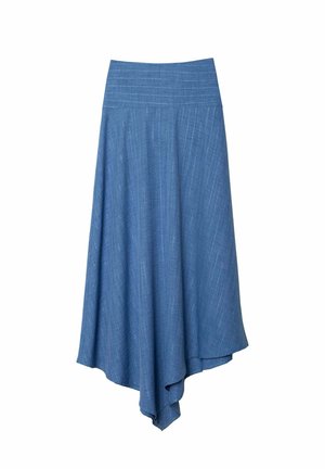 Jupe bleue asymétrique en tissu léger, présentant un tissage texturé, une taille plate et un design fluide qui drape élégamment.