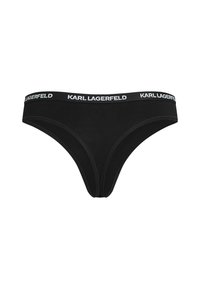 Sous-vêtement bikini noir pour femme avec une ceinture élastique de marque portant l'inscription Karl Lagerfeld en lettres blanches.