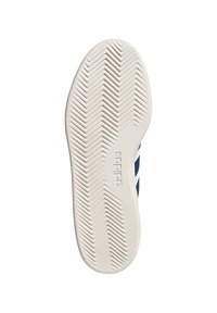 White rubber sole with zigzag tread pattern and embossed "adidas" logo. Blue upper material with three white stripes running vertically.