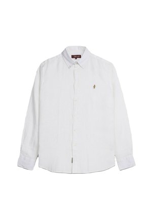 Camicia bianca a maniche lunghe con bottoni, colletto, piccolo logo ricamato sul petto sinistro e polsini con bottoni.
