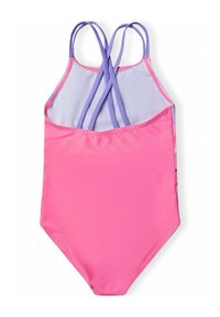 Maillot de bain une pièce en rose vif avec un dos en maille violet clair, présentant des bretelles croisées et une texture lisse et extensible.
