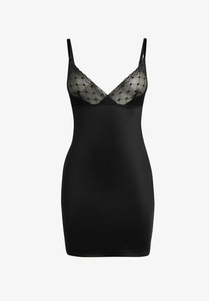 Melnā slīdīgā kleita ar plānām siksnām, ar caurspīdīgu mežģīņu augšu ar punktiņu rakstiem. Gluda tekstūra un pieguļošs siluets.