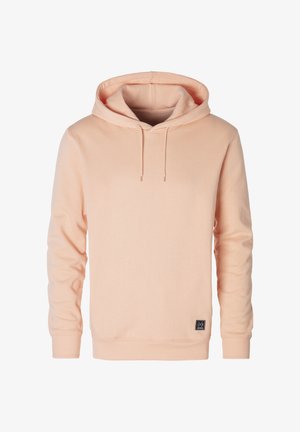 Peach hoodie made of soft fabric, featuring a large front pocket, drawstring hood, ribbed cuffs, and a small logo tag on the bottom left.