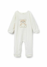 Dors-bien en polaire blanche avec des manches longues, orné d'une broderie de panda beige sur le devant, et d'une fermeture à pression en bas pour un habillage facile.