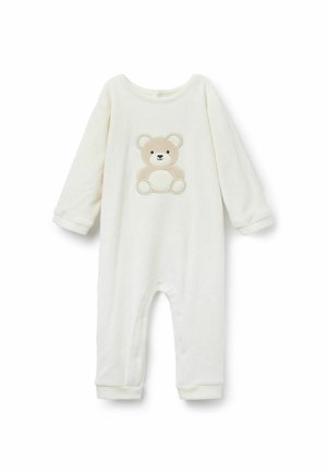 Weißer Fleece-Einteiler mit langen Ärmeln, der auf der Vorderseite eine beige Teddybär-Stickerei hat und am Boden einen Druckverschluss für ein einfaches Ankleiden aufweist.
