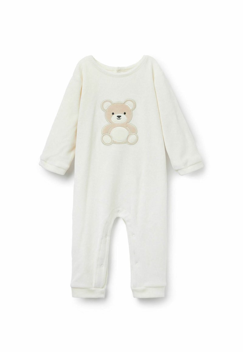 Dors-bien en polaire blanche avec des manches longues, orné d'une broderie de panda beige sur le devant, et d'une fermeture à pression en bas pour un habillage facile.