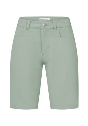 Lichtgroene shorts met een slanke pasvorm, voorzien van een ritssluiting, knoopsluiting en zakken aan de voorkant. Gladde textuur en minimalistisch ontwerp.