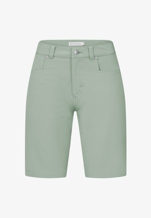 Lichtgroene shorts met een slanke pasvorm, voorzien van een ritssluiting, knoopsluiting en zakken aan de voorkant. Gladde textuur en minimalistisch ontwerp.