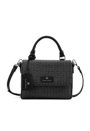 Borsa rettangolare nera con manico superiore e tracolla staccabile, motivo testurizzato e targhetta marchiata "Queen Helena".