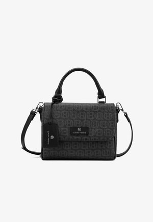 Borsa rettangolare nera con manico superiore e tracolla staccabile, motivo testurizzato e targhetta marchiata "Queen Helena".