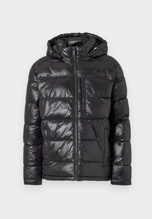 Black puffer jacket featuring a shiny, quilted exterior, a hood, front zipper, and two side pockets. Lightweight and insulated design.