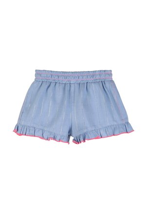 Light blue children's shorts with elastic waistband, vertical silver stripes, and ruffled hems edged in bright pink.