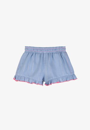 Shorts da bambino azzurri con vita elastica, strisce verticali argento e orli arricciati bordati di rosa acceso.